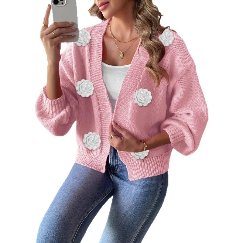 

Women's Cardigan Autumn and Winter New Three-dimensional Pure Hand Hook-up Splicing Sweater Three-dimensional Decorative Jacket