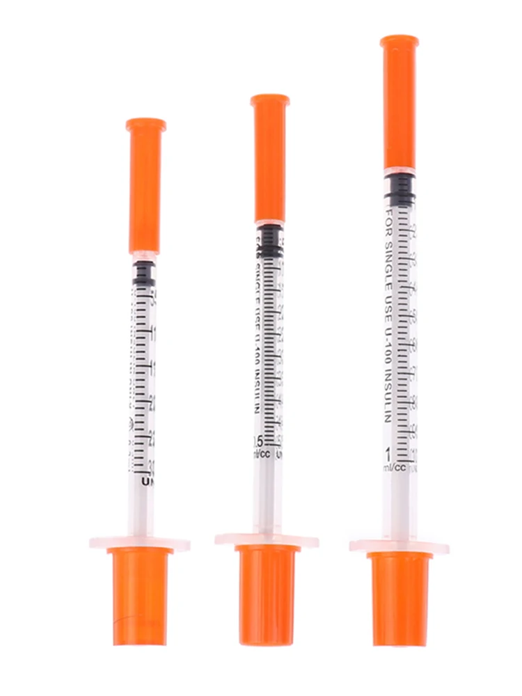 5 sztuk 0,3/0,5/1 ml jednorazowa plastikowa strzykawka weterynaryjna pomarańczowa nakładka sterylna strzykawka insuliny z igłami dla zwierząt gospodarskich — zdjęcie 2