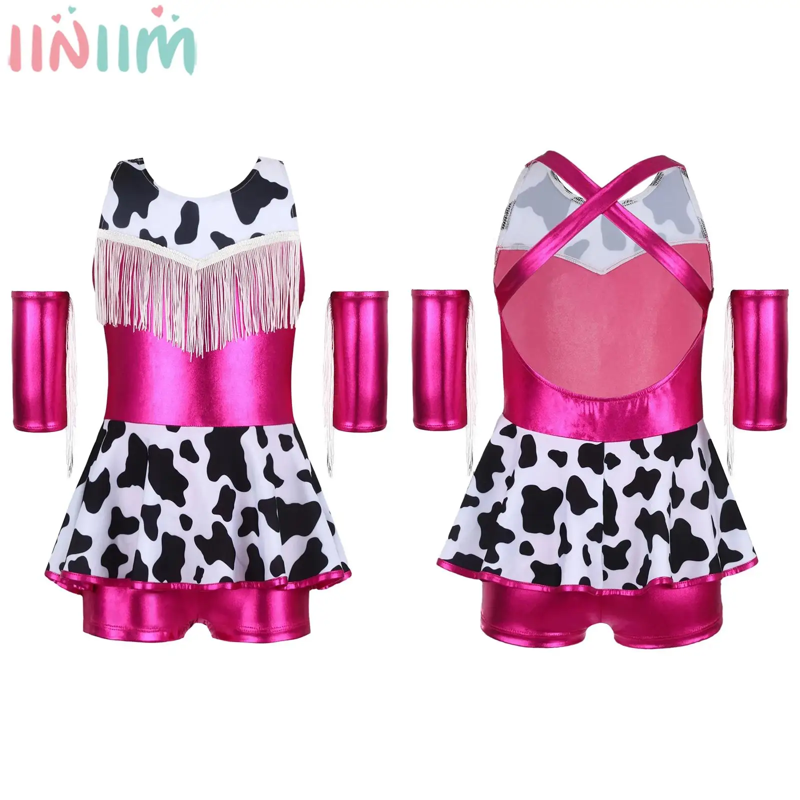 Girls Cowgirl Costume Jazz Dance Outfit Metallic Shiny Cow Print Leotard Dress with Tassels Oversleeve for Halloween Carnival
