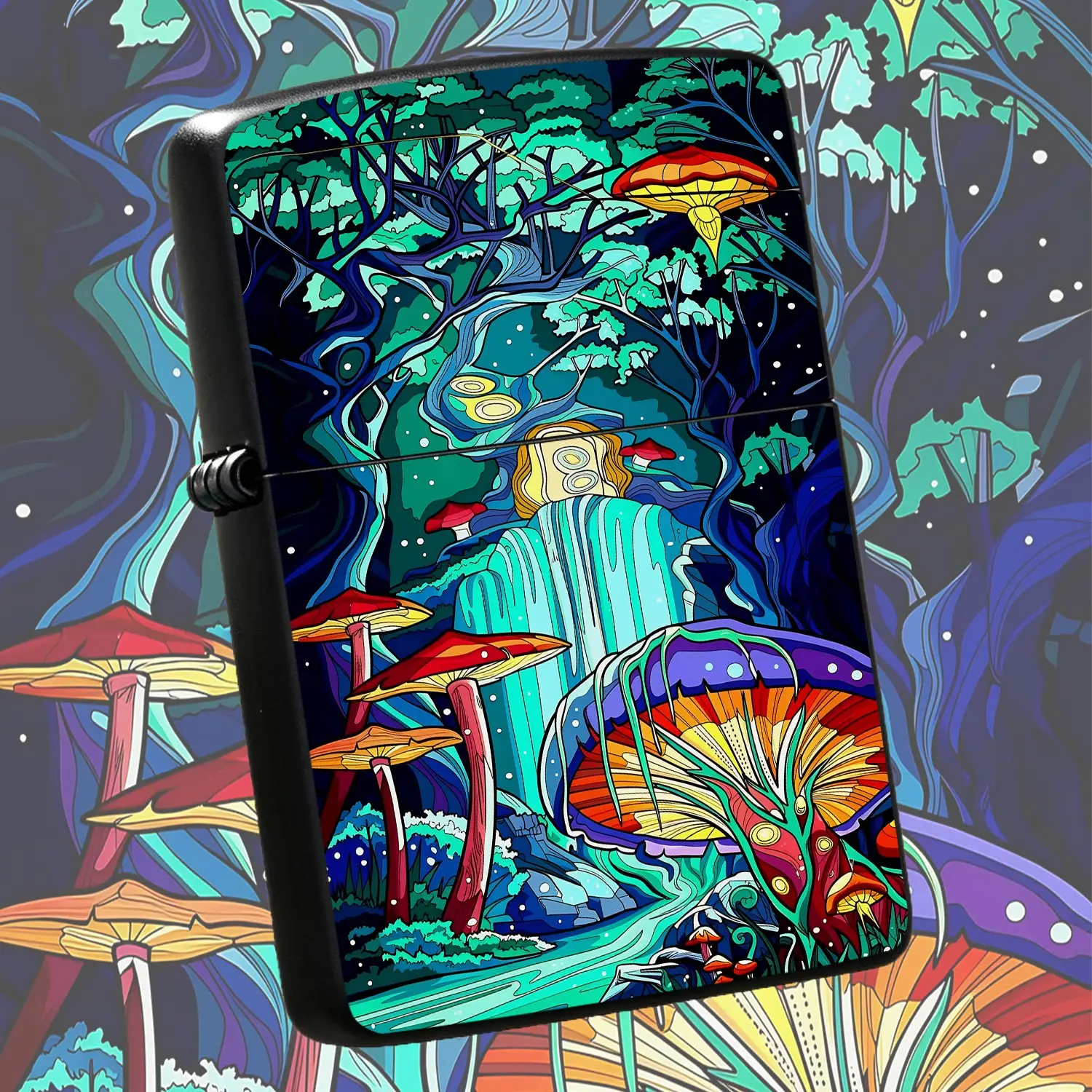 Creative Psychedelic Fantasy Forest Pattern Lighter, Vibrant Trippy Mushroom Waterfall Art Design, Portable Stylish Accessory For Daily Use, Outdoor Camping Gathering, Exquisite Unique Gift For Art Lovers For All Scenar A Humorous And Inter