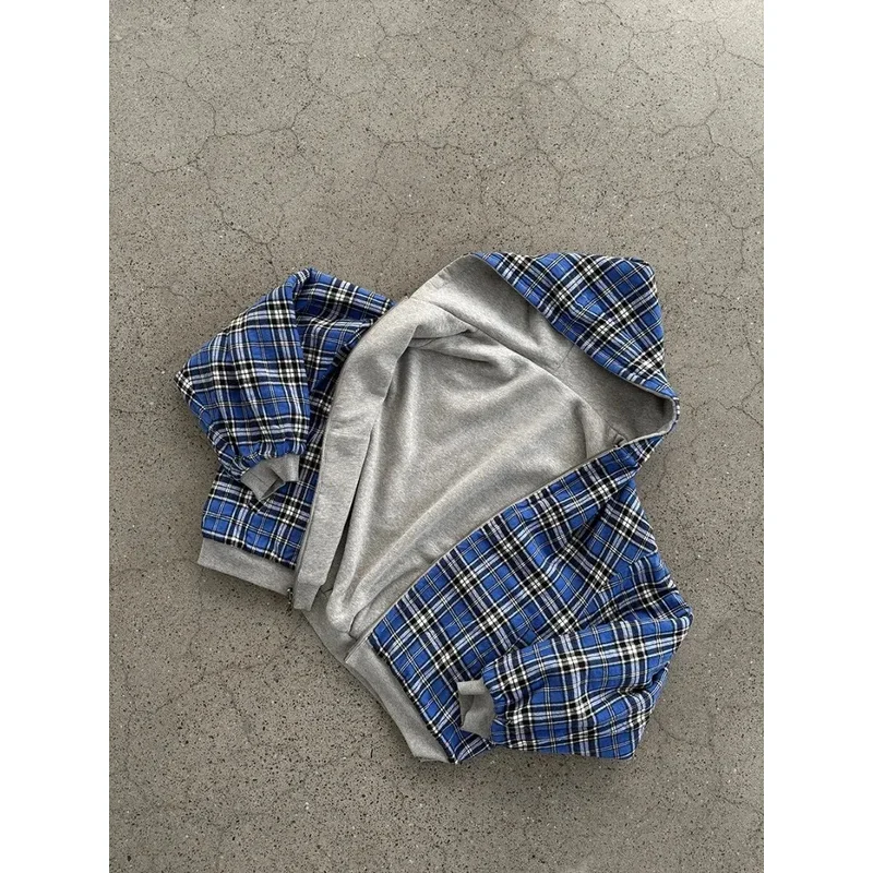 A Bear's Home Casual Retro Sudadera con capucha con cremallera para hombre gótico azul a rayas a cuadros delante y detrás dos sudaderas 90s Hip Hop Loos 2025 nuevo