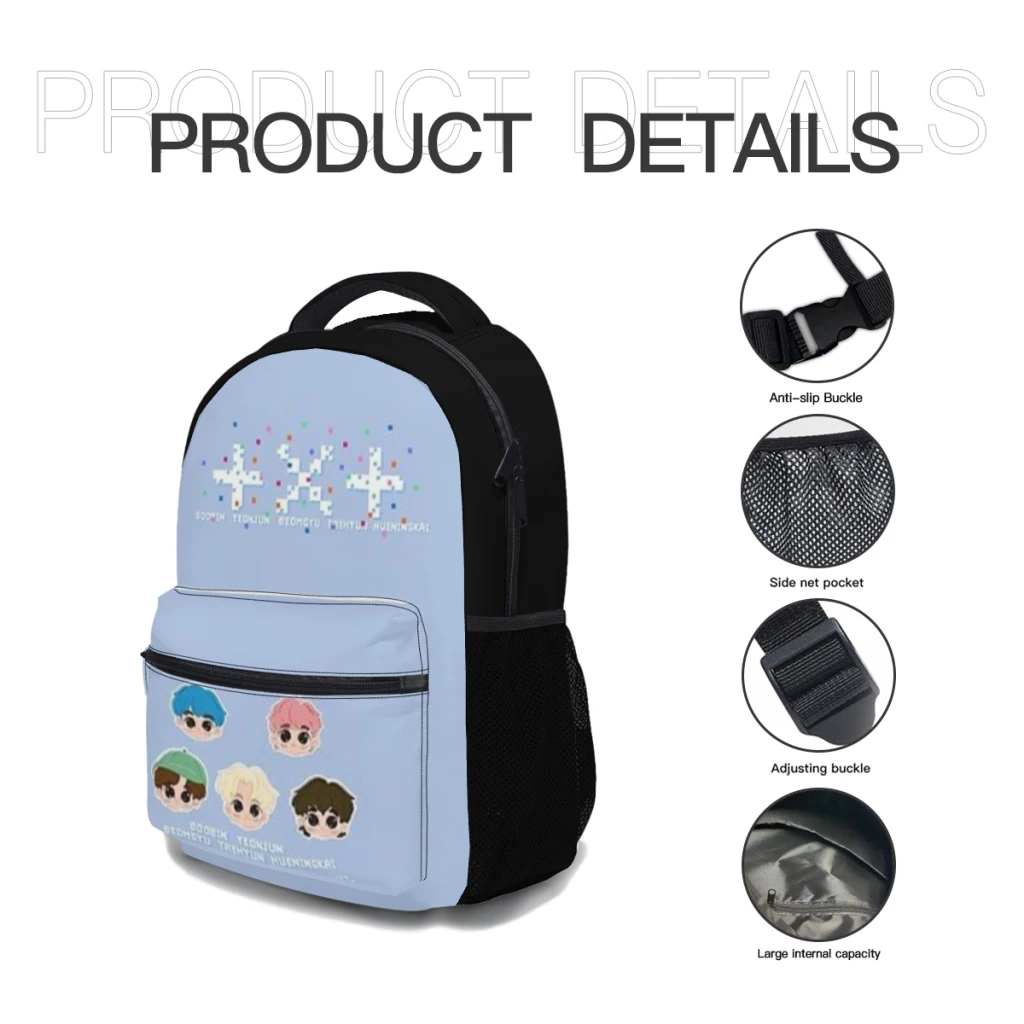 Chibi TXT Blue Hour fanart Mochila para meninos Mochila de estudante de grande capacidade Mochila de estudante do ensino médio de desenho animado 17 polegadas