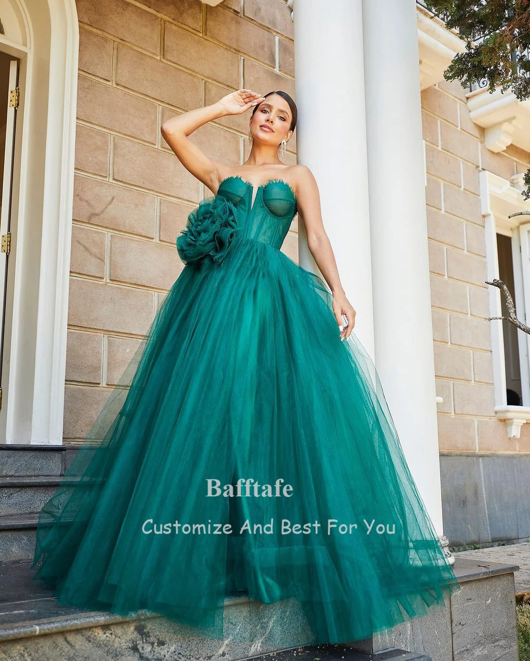 Bafftafe A Line Green Tulle Prom Dresses 3D Flower Formal Special Party Dress Floor Length Long Evening Gowns Customized