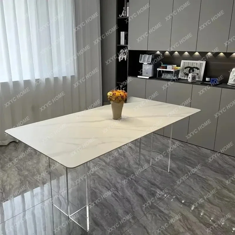 SS light luxury dining table suspended transparent acrylic rock slab island platform household rectangle