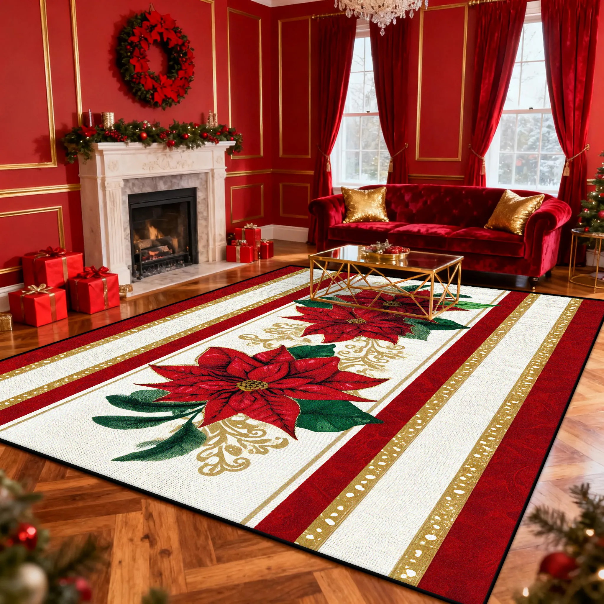 European Christmas Gift Carpet for Living Room Luxury Decoration Rug Red Floral Non-slip Bedroom Cloakroom Washable Soft Mat