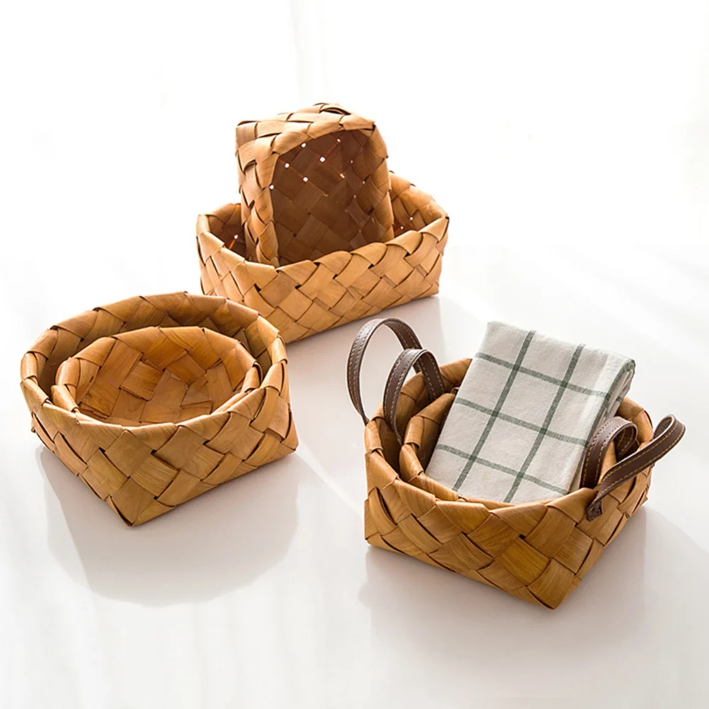 Wicker Rattan Storage Basket Bamboo Hand-woven Basket With Handle Round Square Bread Food Fruit Plate Cake Platter Serving Tray