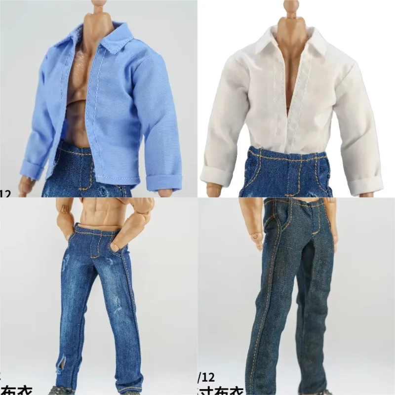 Maßstab 1/12 Männlich Gewaschenes Loch Denim Jeans Hemd Set Soldat Kleidung Modell für 6 zoll Action-figuren Spielzeug Körper Puppen