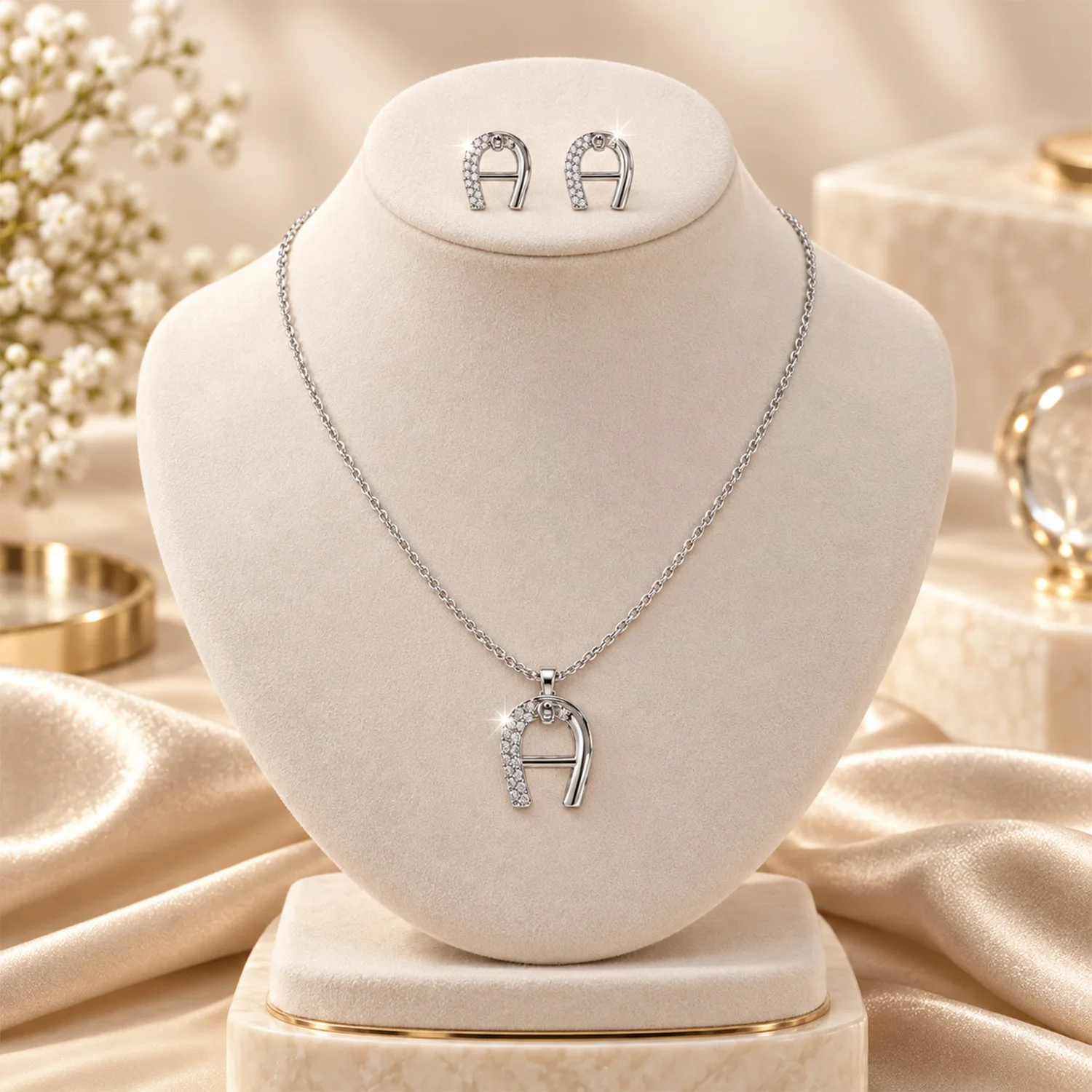 Women Geometric Arch Jewelry Set Sparkling Stone Paved Necklace And Stud Earrings Statement Accessory For Dating Evening Holiday