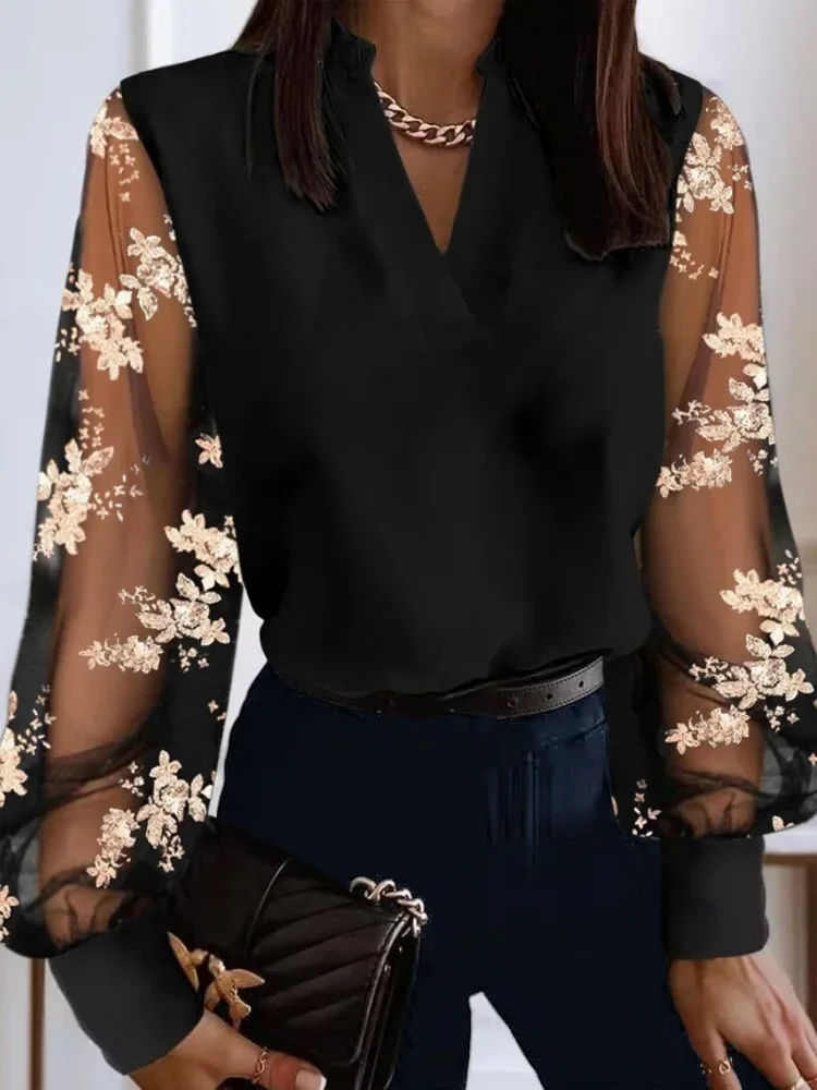 

New Fashion Lace Long Sleeve V Neck Women' Blouse Elegant Spring Autumn Women Shirts Office Lady Woman Tops