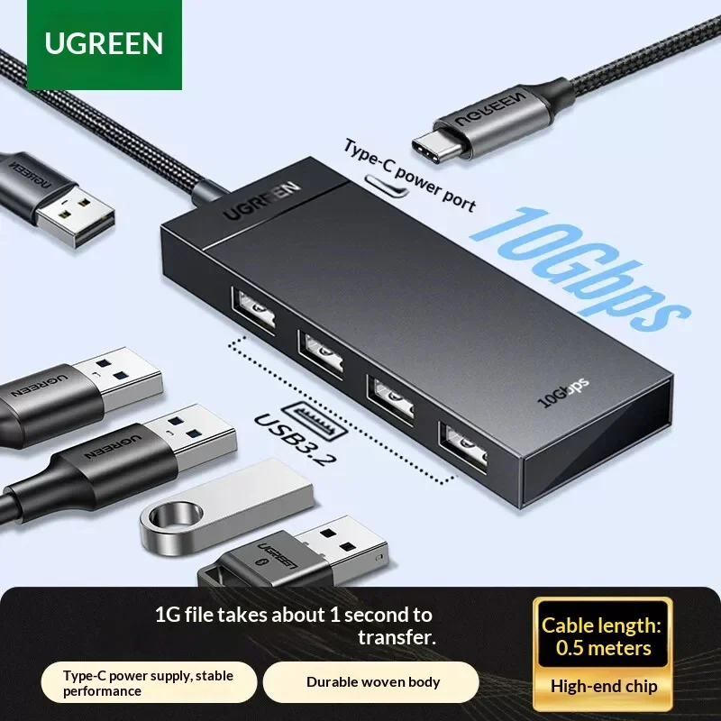UGREEN 55373 USB 3.2 Gen 2 4-Port USB-A Hub 10Gbps Data Splitter with USB-C Power Input 0.5m Cable