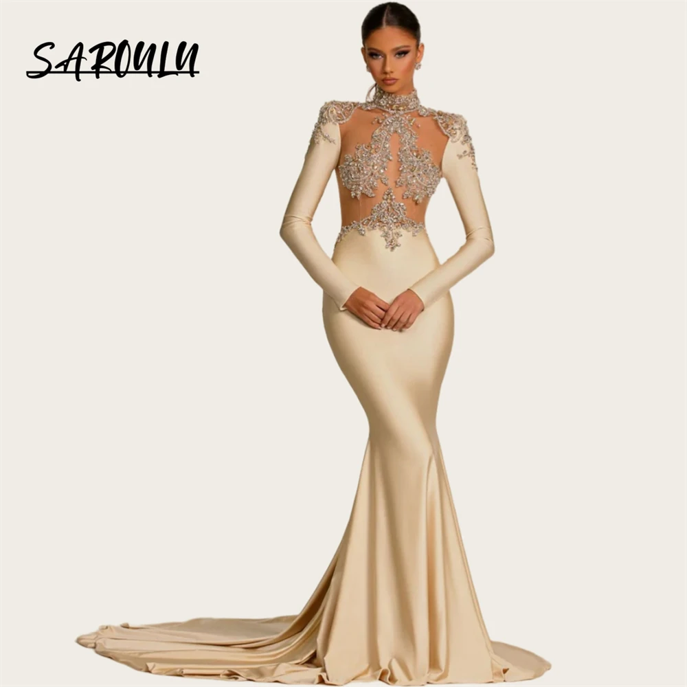 Elegant Champagne Sheath Long Evening Dress Full Sleeves Illusion Beaded Crystal Custom Made Prom Gown Women Party Formal Dress