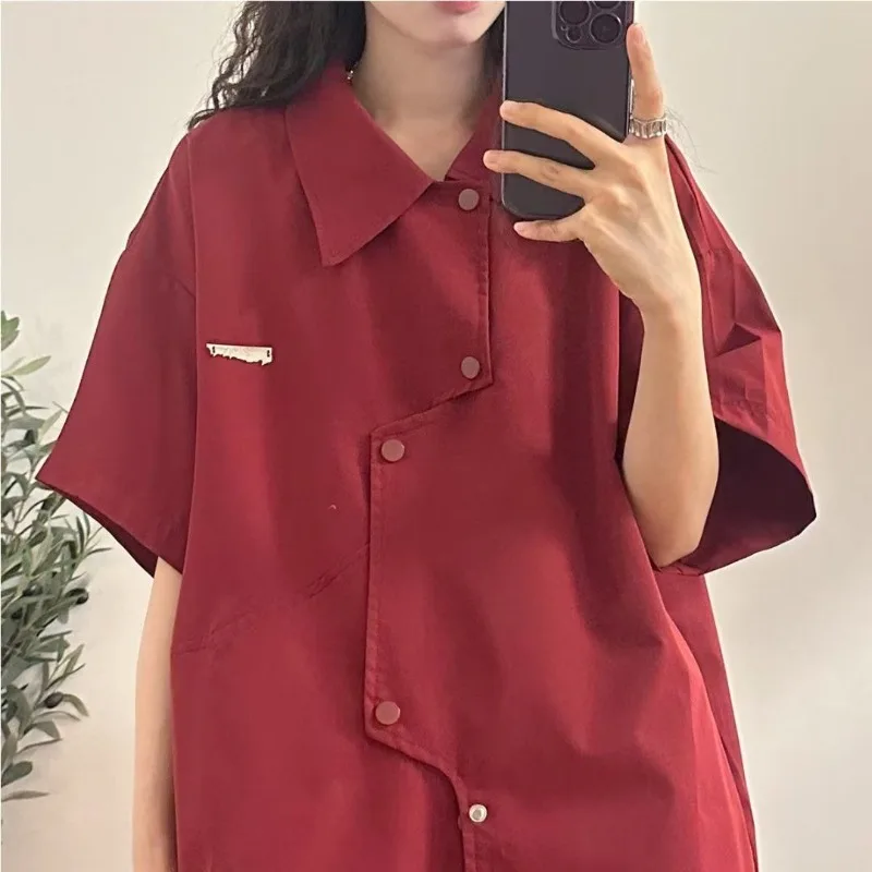 EBAIHUI красная нерегулярная женская рубашка с короткими рукавами в уличном стиле, свободная однобортная рубашка, японский повседневный женский топ