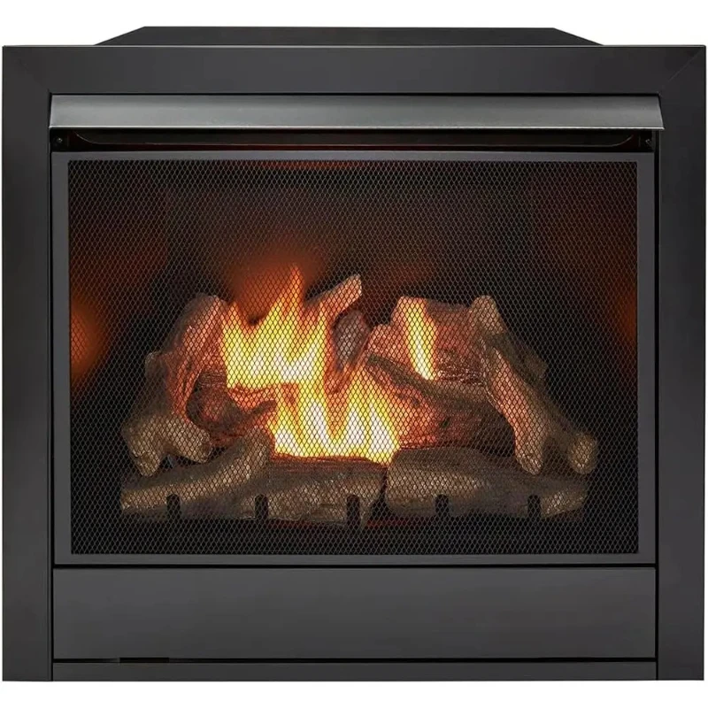 Chimenea de Gas de Doble Combustible sin Ventilación con Control Remoto, 9 Leños, Compatible con Gas Natural/GLP, 32,000 BTU, Calienta 1,500 Pies Cuadrados Ft., Negro