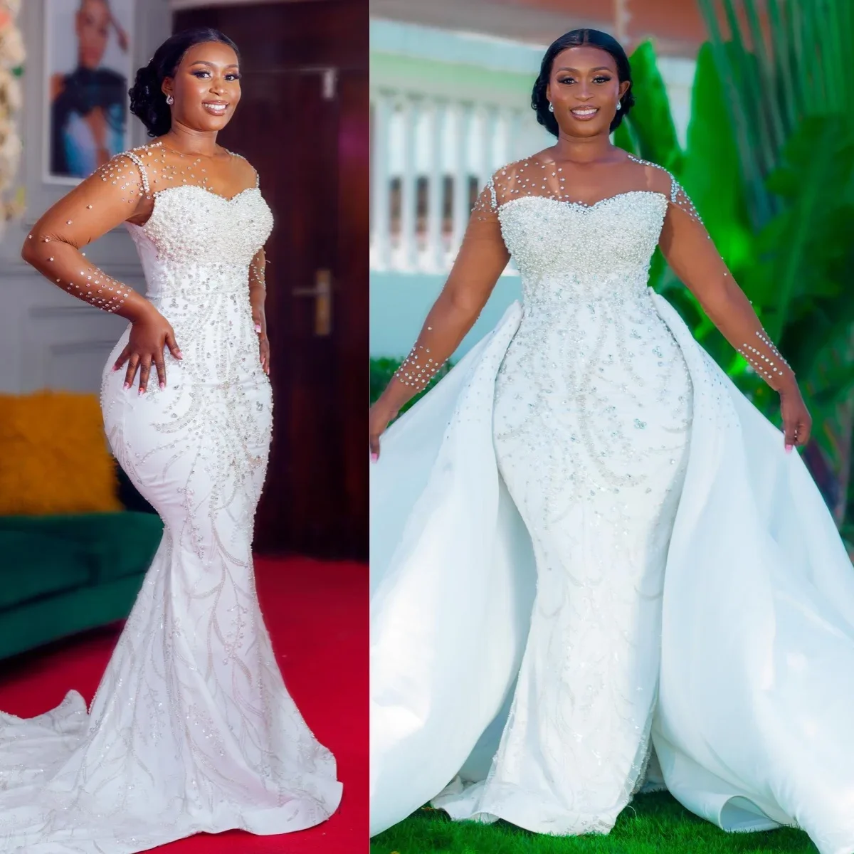 Flavinke Maßgeschneiderte U-Ausschnitt Perlen Kristalle Meerjungfrau Brautkleider 2025, für die Braut, abnehmbare Schleppe, lange Ärmel, Brautkleider