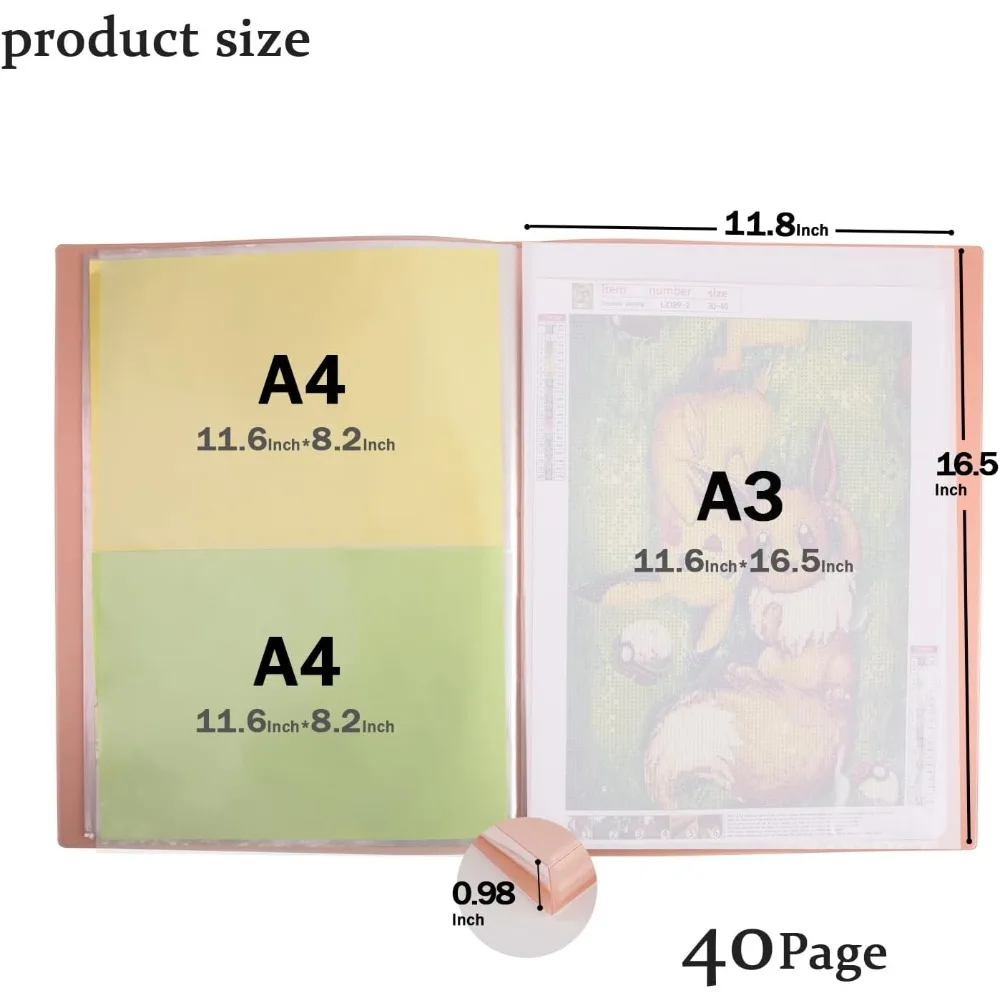 A3 Art Portfolios Case 40 Pages,Diamond Painting Storage Book,Pocket Protector with Index Stickers,11.8 x 16.5 inch Clear Sheet