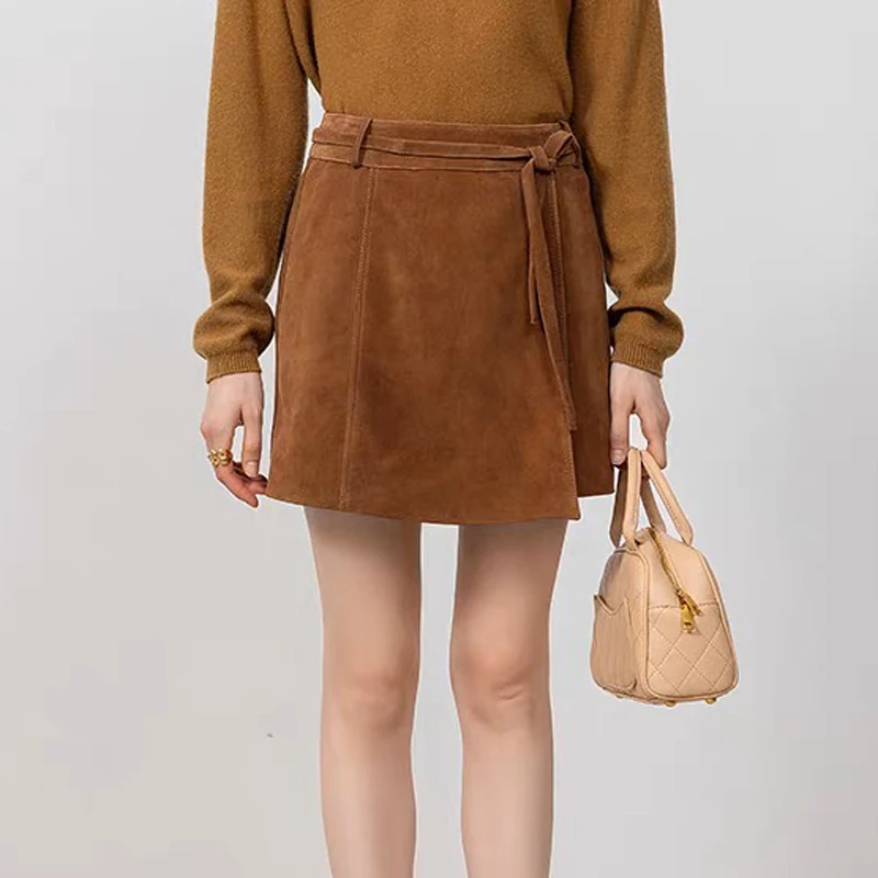 Vintage camurça couro real mini saia com faixas feminino outono coreano cintura alta pele de carneiro harajuku