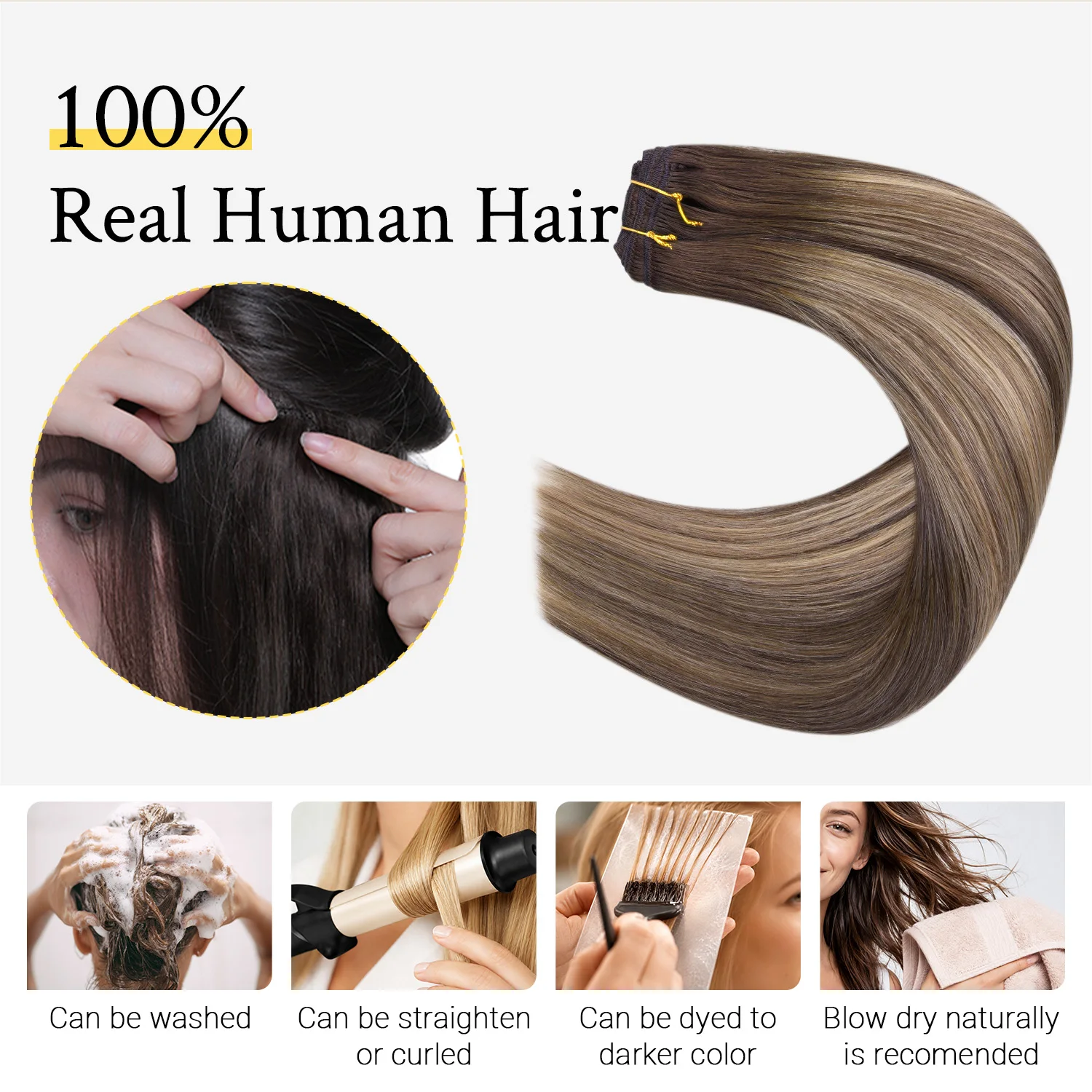 Sunmofavo Clip In Human Hair Extensions Balayage Style Seamless Brazilian Remy 5/7Pcs 120G Full Head Hair Set Clip-in For Women