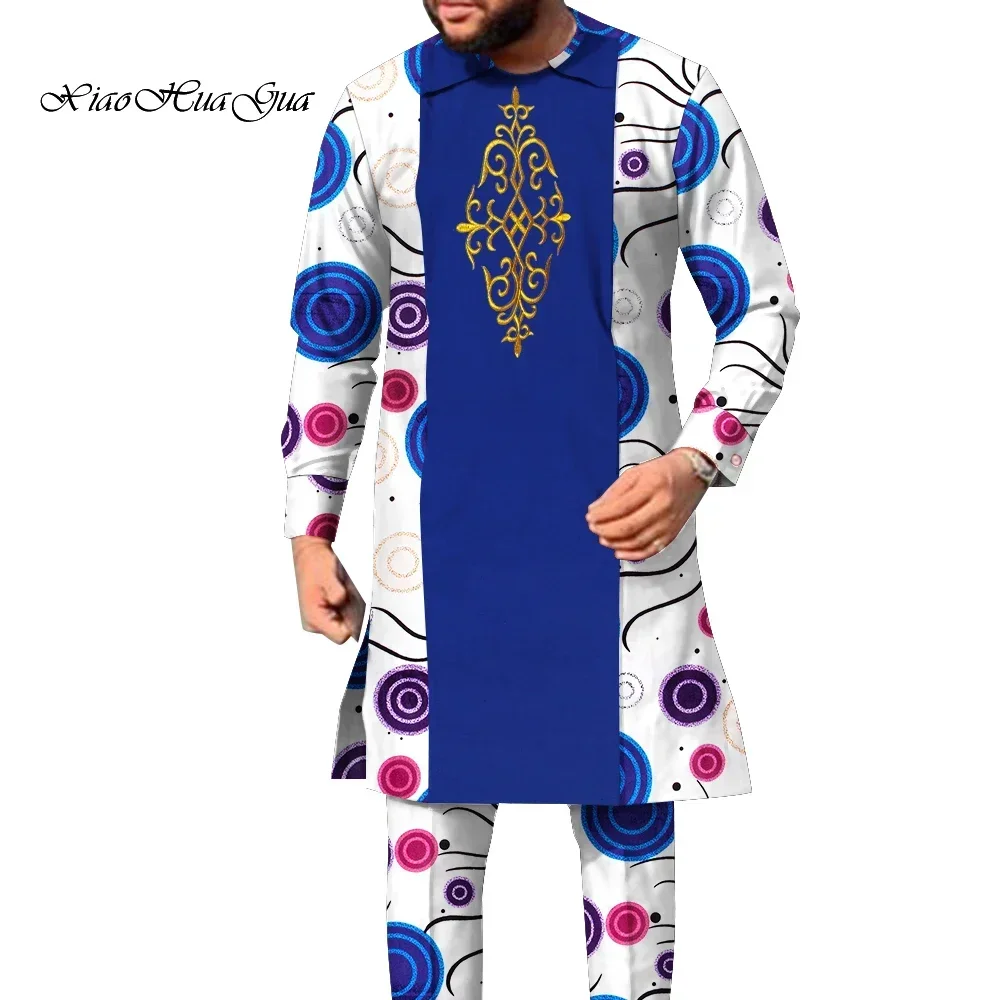 2 Pcs Set African Outfits for Men Long Sleeve Dashiki long Shirt and Pants African Print Clothing Patchwork Men Suit WYn1858