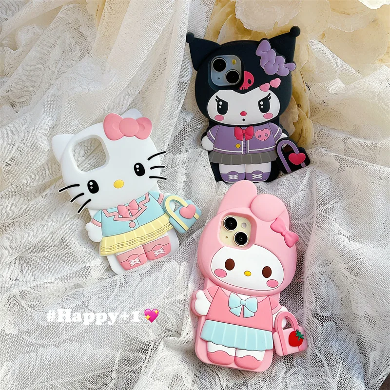 Mignon Sanrio Bow Hello Kitty Kuromi 3D coque de téléphone pour iPhone 17 16 15 14 13 12 11 Pro Max antichoc couverture en Silicone souple