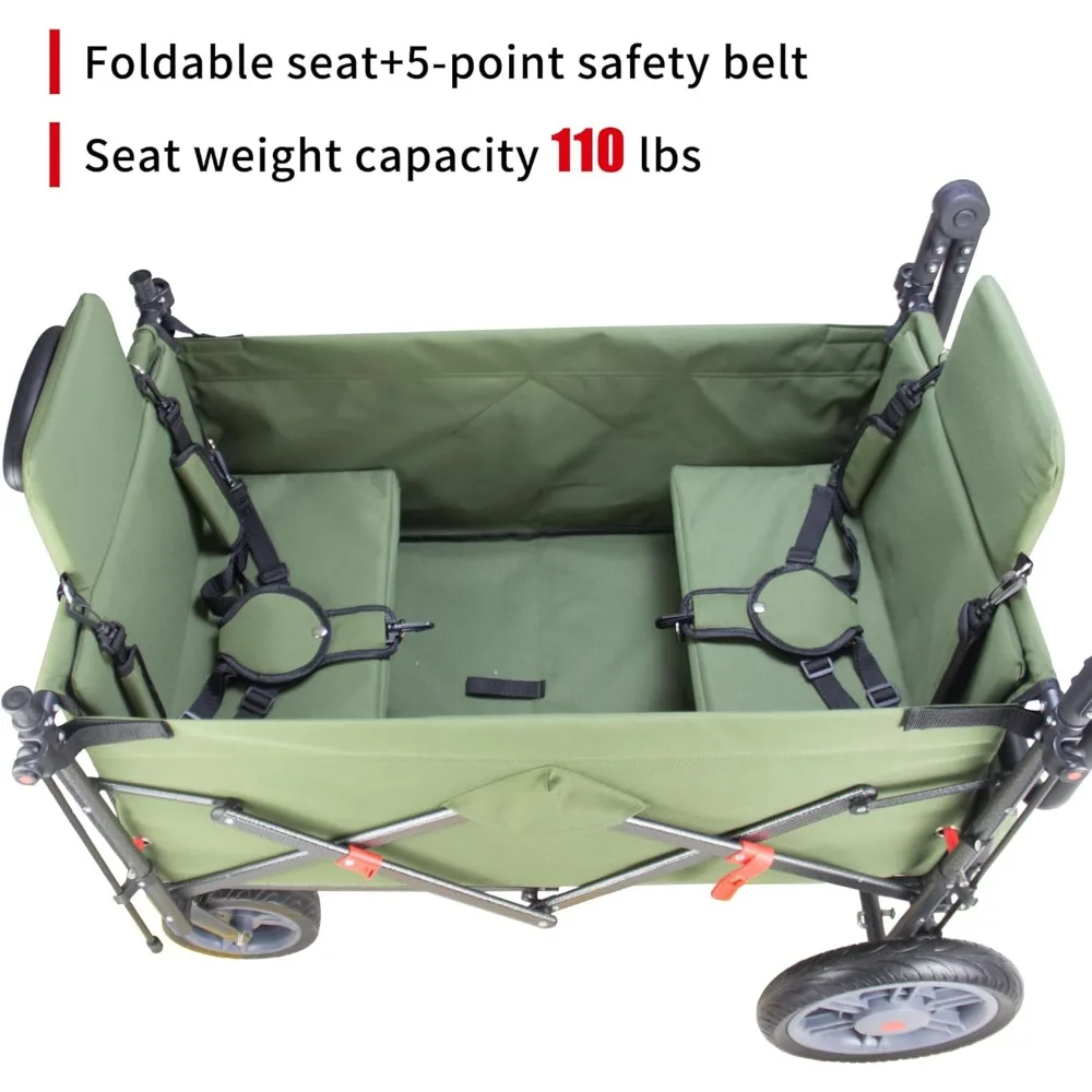 Składany wózek transportowy z szybkozłącznymi kółkami, 2 siedzenia, wytrzymały, udźwig 120 kg, idealny na kemping, do ogrodnictwa i na zewnątrz.