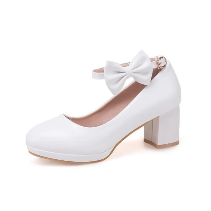 Children Girls High Heel Shoes Women Platform Pumps Fashion Bow Thick Heel Shallow Female High Heels For Party Wedding 30-43