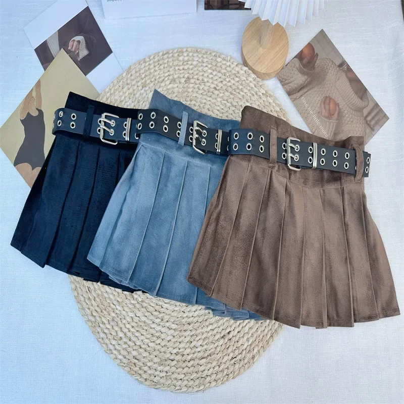 

Girls Spring and Autumn New Pleated Short Skirt Leather Buckle and High Waist A-line Skirt Korean Children Anti Slip Skirt