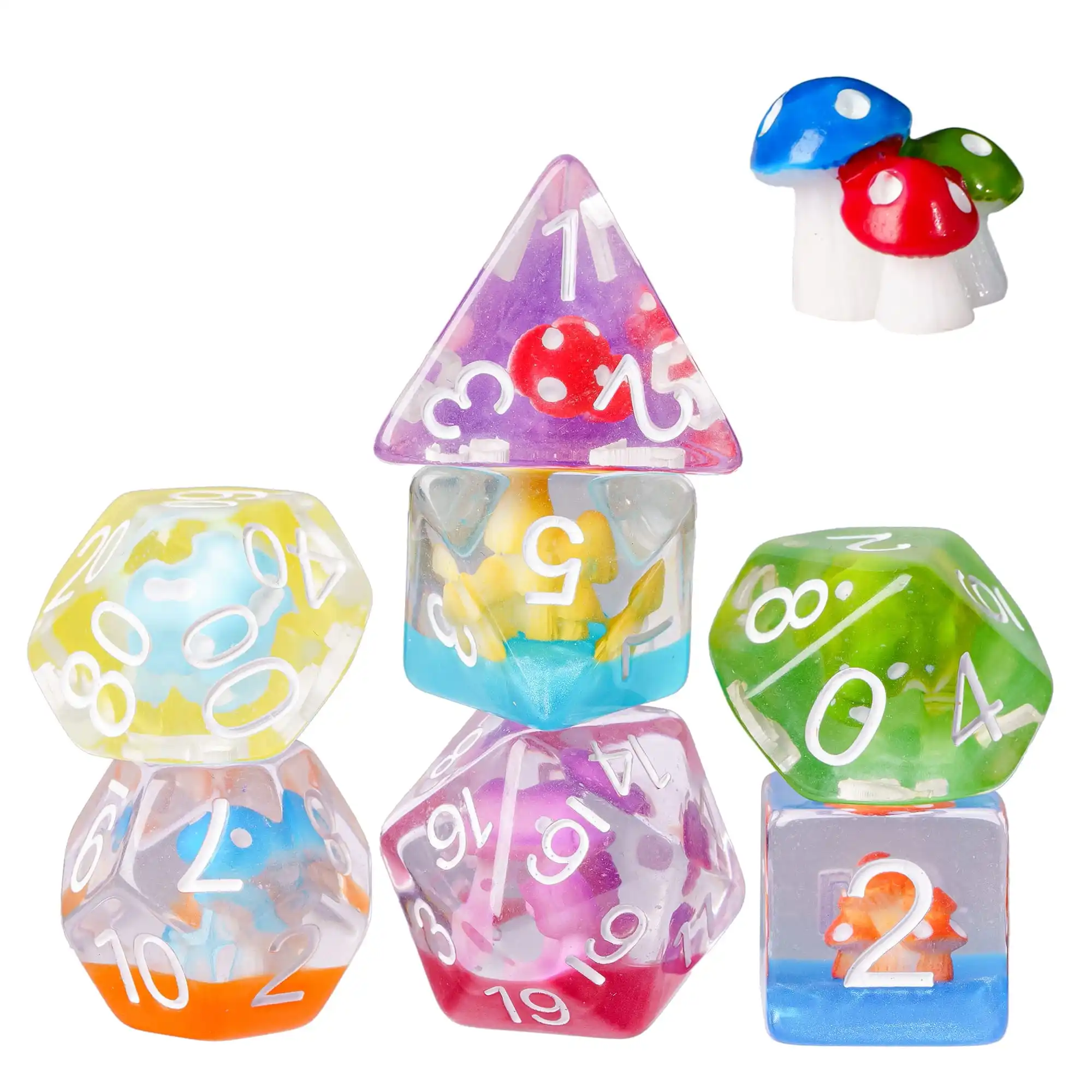 Cusdie Cute Mushroom Dice Set D&D 7Pcs D4 D6 D8 D10 D% D12 D20 DND Polyhedral Dice for Role Playing Game Table Games TRPG