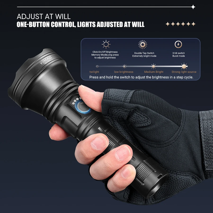 YEMA0 98KPro 2840LM مصباح LED عالي الطاقة قابل لإعادة الشحن مع شاشة عرض ذكية محمولة مقاومة للماء طويلة المدى