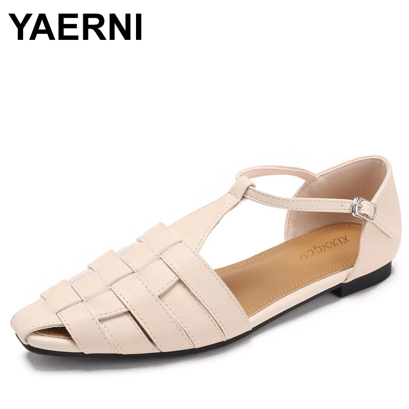 

Женские кожаные сандалии без шнуровки на плоской подошве с узким ремешком и плетеным Т-образным ремешком, мягкая удобная повседневная летняя обувь высокого качества с круглым носком