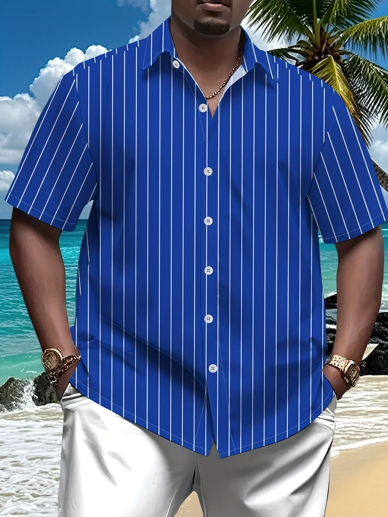 Men Royal Blue White Vertical Striped Print Short Sleeve Turn-down Collar Shirt Summer Beach Casual Button Down Streetwear Top