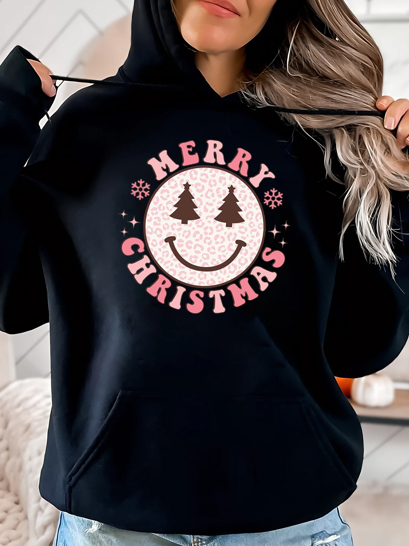 Sweat à capuche imprimé visage souriant joyeux noël, tenue décontractée pour femmes, noir, grande taille
