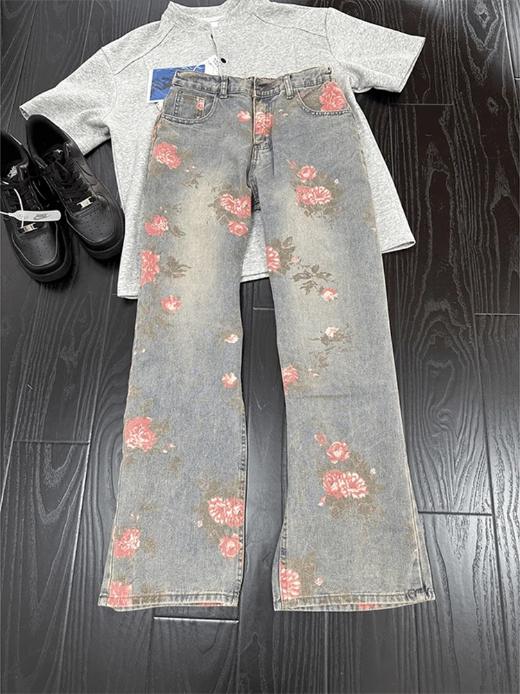 

Мужские джинсы с цветочным принтом American High Street CleanFit Design Модные прямые брюки Износостойкие повседневные джинсы