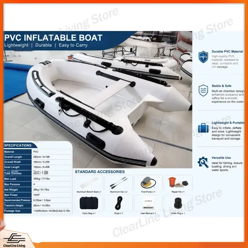 RIB330 Small Inflatable Rubber Boat Ribbed Hull Dinghy Fishing Tender PVC Raft Portable Kayak for Lake River Sea Outdoor