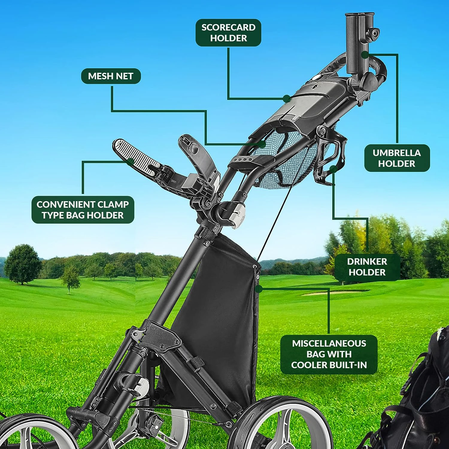 

4-Wheel Golf Cart Folding Cart with Umbrella Stand