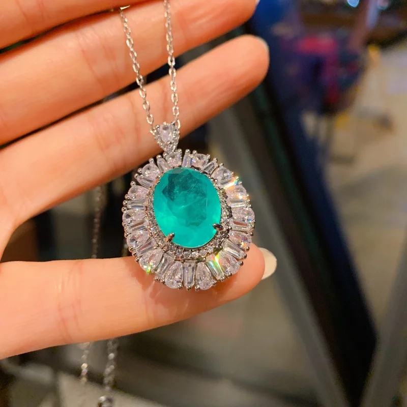 Emerald Gemstone Necklace European and American Paraiba Pendant