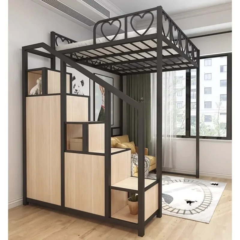 Iron frame bed, bed table, space-saving wrought iron attic bed, multifunctional dormitory bed, elevated bed