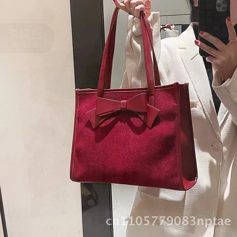 

Red Large Capacity Tote Bag Women's Bridal Daily Use Shoulder Bag Fashion PU Material with Bow Tie Detail Hidden Zipper Pocket