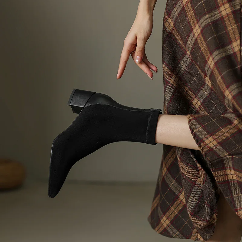 Women\'s Elastic Boots 2024 Autumn/winter New Pointed Suede Nude Color Non-slip Back Zipper High-heeled Fashion Boots Botas Mujer