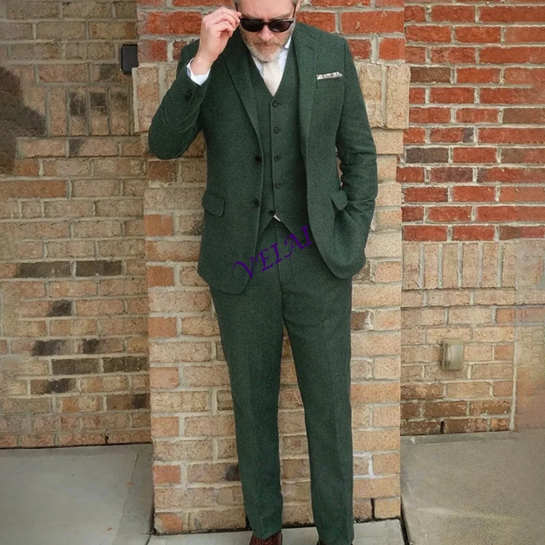 

Vintage Green Winter Men Groom Suits Business Single Breasted Slim Fit Notch Lapel Herringbone Wool Blend Tweed Customized