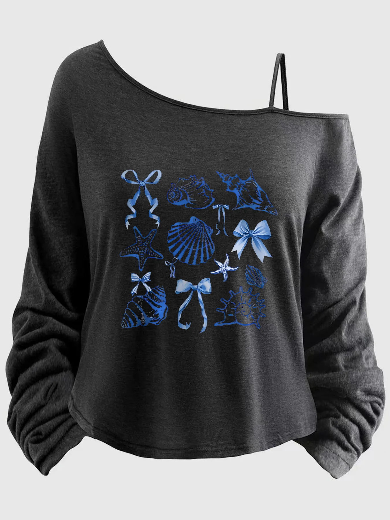 

Large-sized women’s top with printed sleeves, spaghetti straps, asymmetrical neckline, 1-8XL, letters (XT).