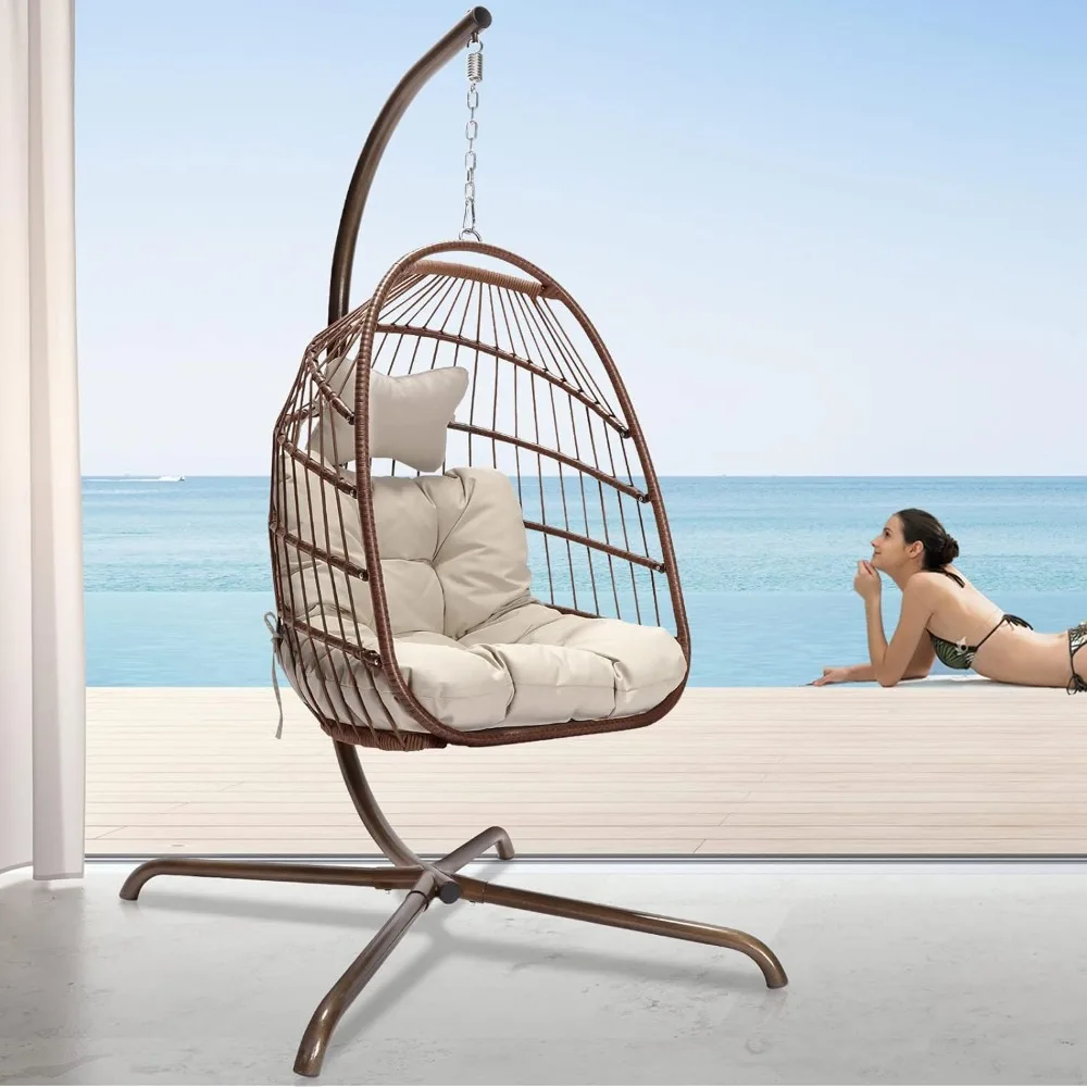 

Egg Chair Indoor Outdoor Patio Wicker Hanging Egg Chair Swing Egg Basket Chairs with Stand UV Resistant Cushions Beach Chairs