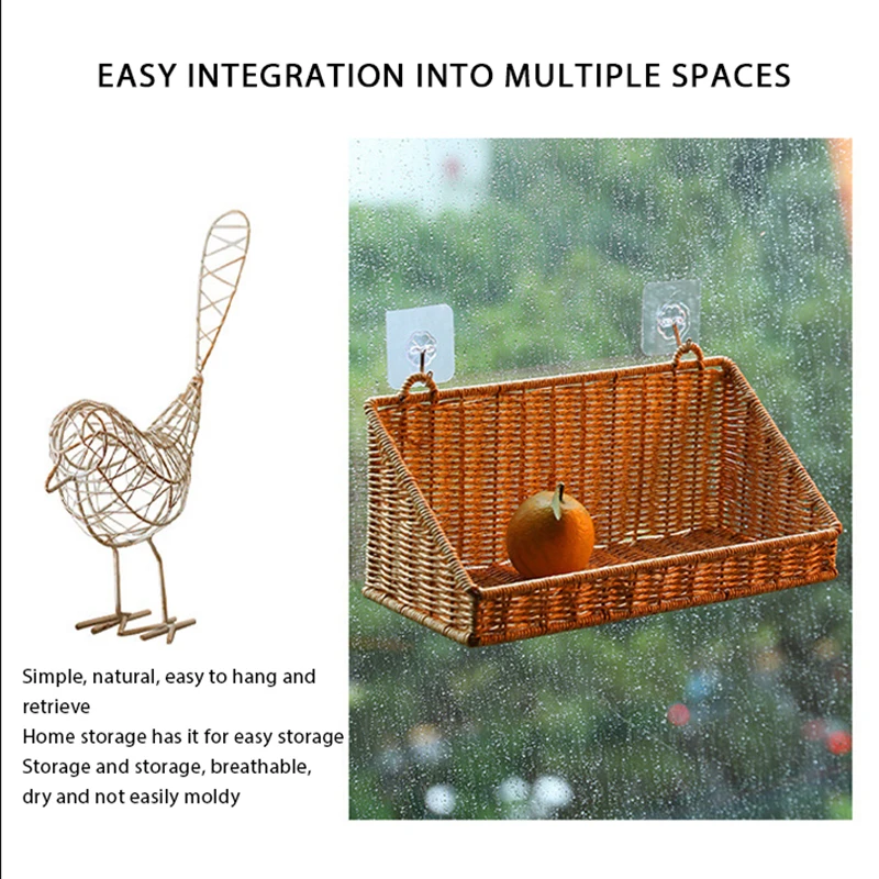 1Pcs Rustic Wall Mounted Rattan Basket with Hooks Woven Wicker Storage Organizer Shelf for Bathroom Kitchen Bedroom Living Room view 5
