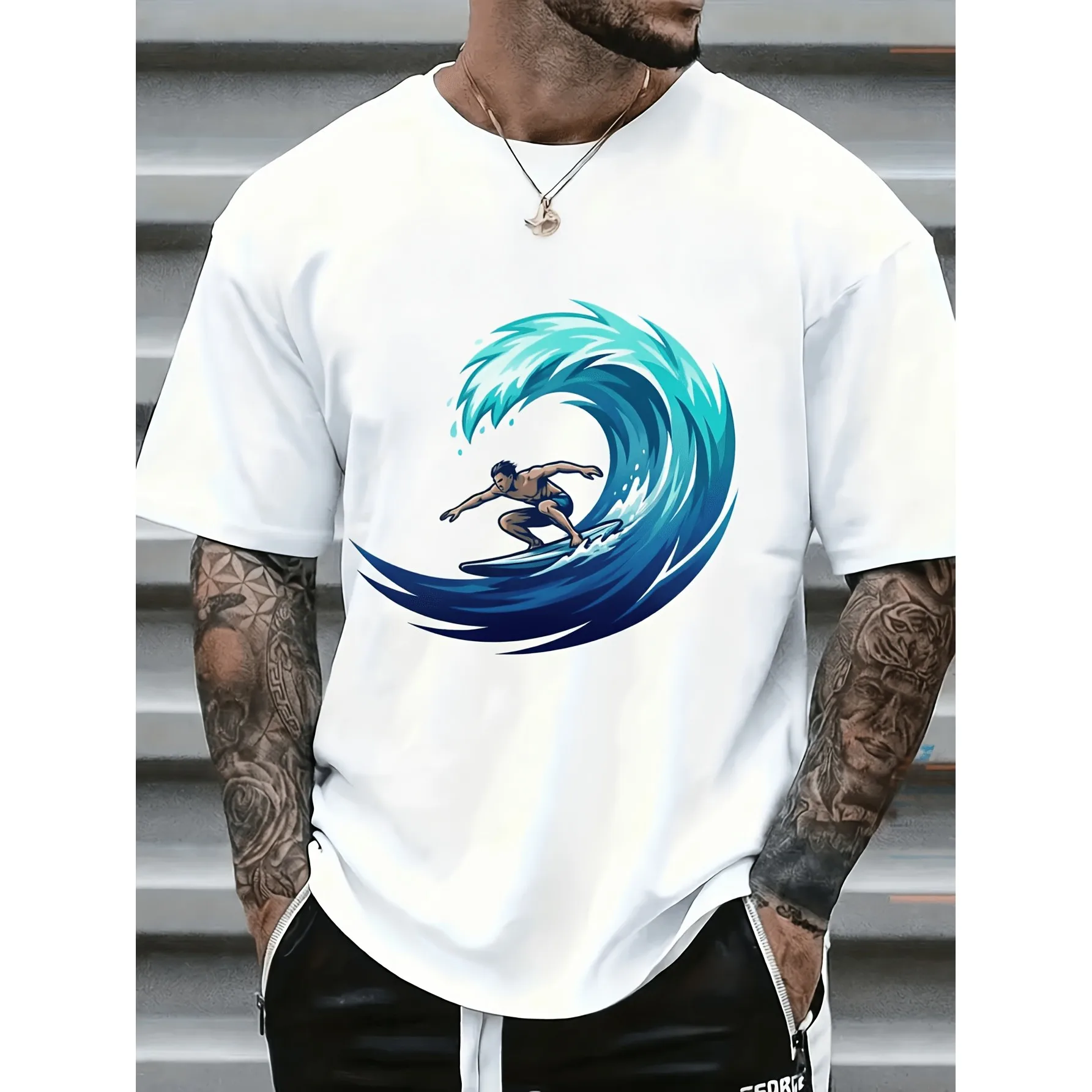Surfing Wave Graphic Men's Cotton T-Shirt Breathable Short Sleeve Beach Casual Tee
