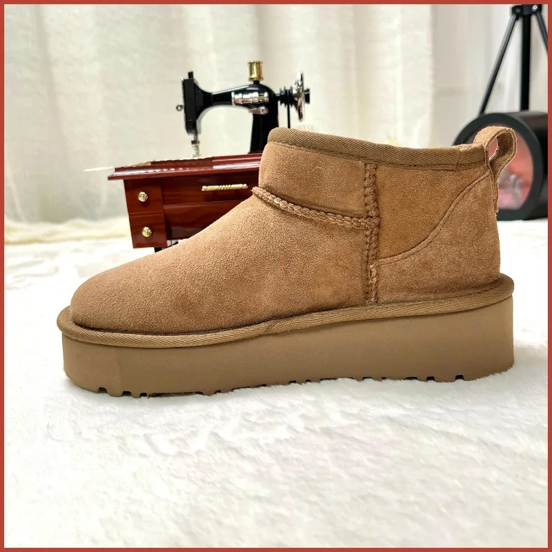 Genuine leather and wool sheep winter thick warm boots 4cm high sole versatile low cut snow boots