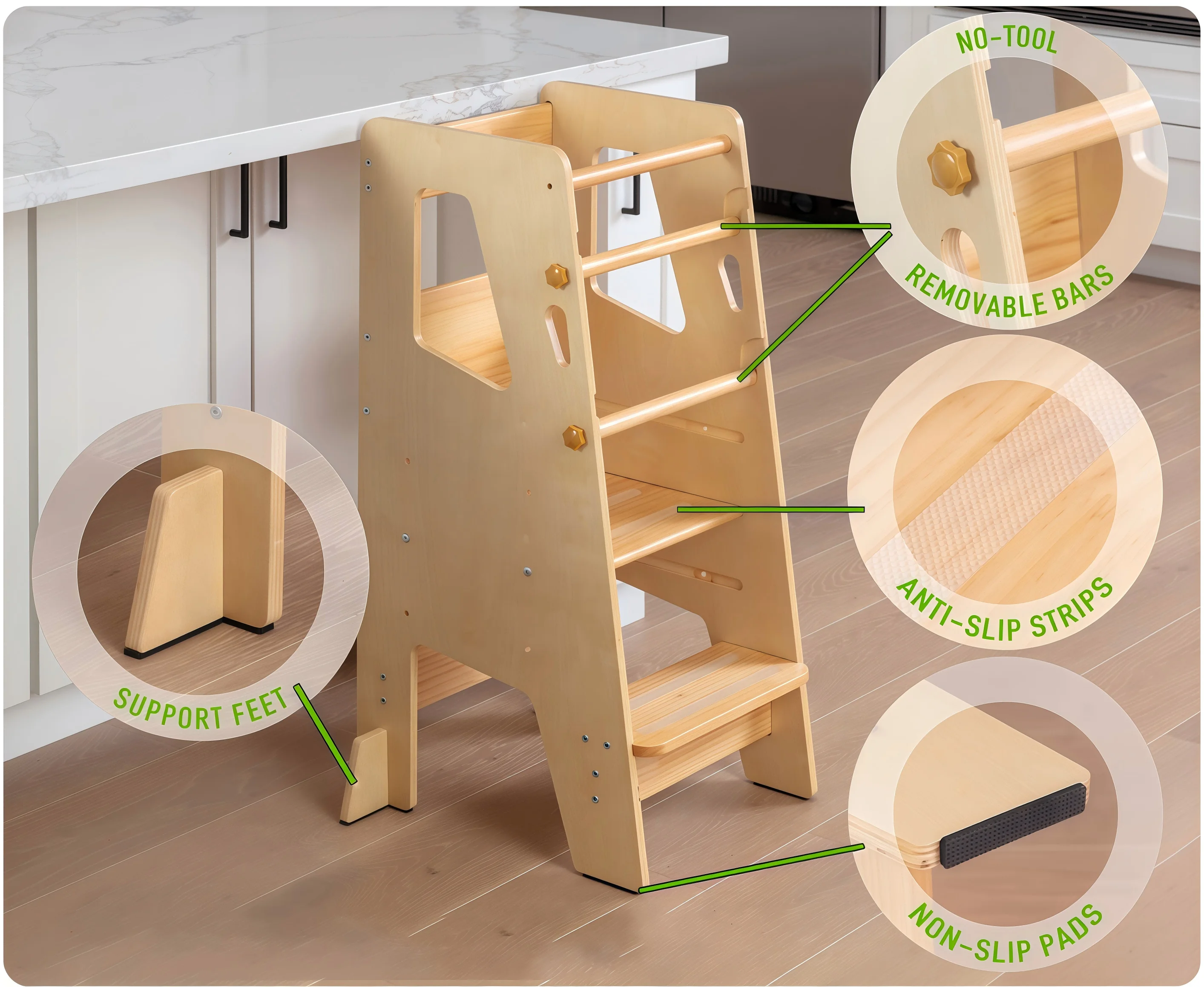 Luxury Modern Design Wooden Adjustable Safety Toddler Learning Tower Kitchen Helper Step Stool for Kids Children