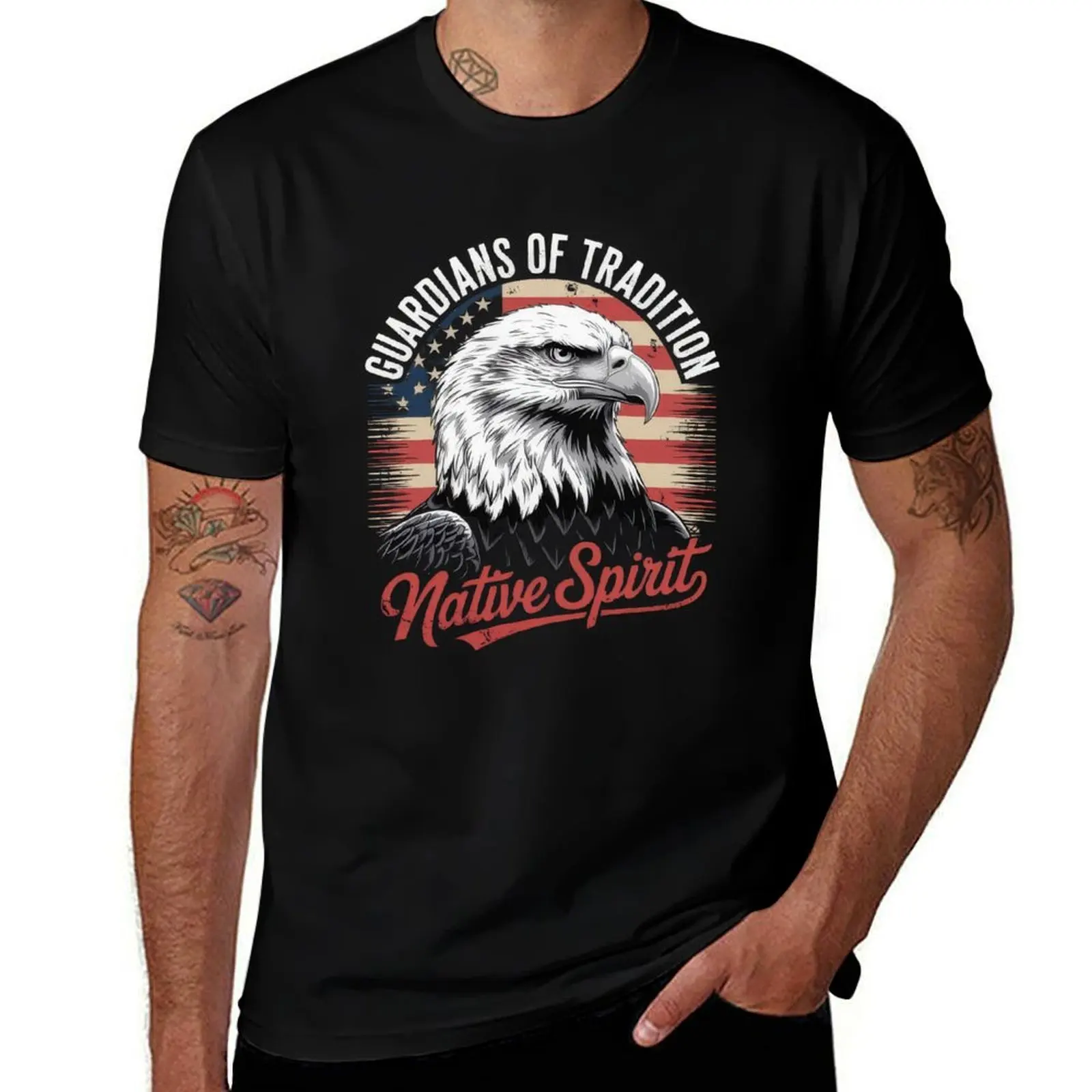 

American Eagle T-Shirts, Native Spirit Tee, Patriotic Eagle Design, USA Flag Shirts, Guardians of Tradition Graphic Tees T-Shirt