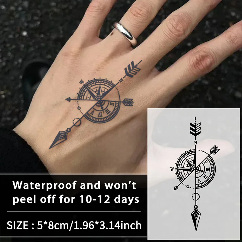 1Pc Compass and Clock Waterproof Temporary Tattoo Stickers, Long-lasting Waterproof for One to Two Weeks, For Man and Women Arm.