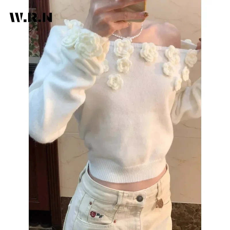 <ne2> Winter Hotsweet Casual Slash Hals Gebreide Gyaru Truien Met Lange Mouwen Vrouwen Coquette Witte Schede Dames Sexy Trui