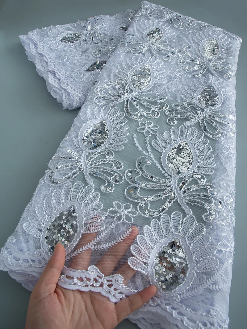 Latest High Quality African Tulle Lace Fabric Nigerian Milk Silk Embroidery Sequins Lace For Women Party Wedding Dresses TY4527