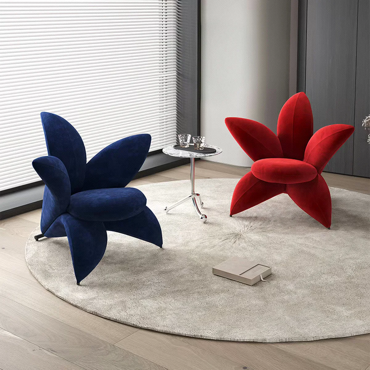 Deluxe lily petal chair, modern designer molded foam flower chair, upholstered decorative chair
